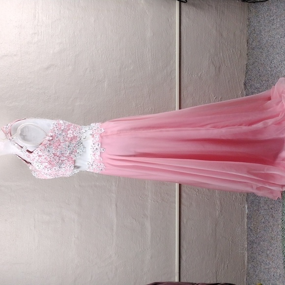 Rachel Allan Pink Crystal Embellished Two Piece Cropped Halter Maxi Skirt Set - Picture 5 of 16